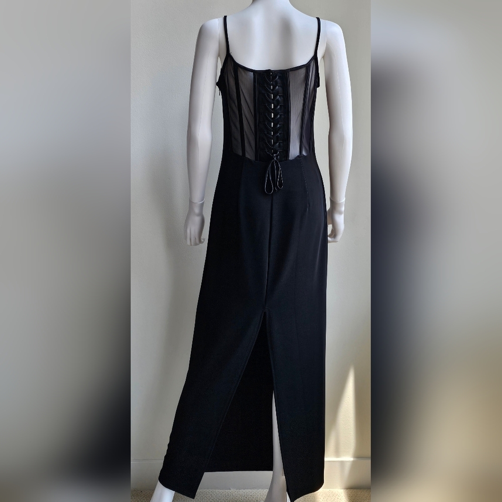 Mesh & Corsett Back Dress Black, Long, fitted, satin spaghetti straps, sz 8